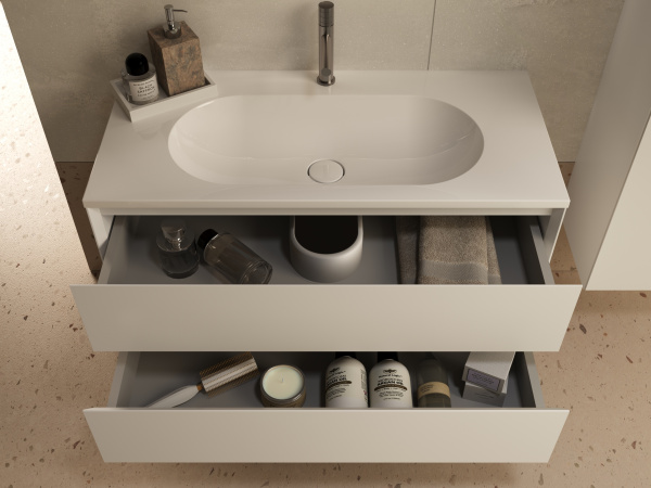 База под раковину Люка Софт-Тач (Luka Soft-Touch) 1000 подвесная, 2 выкатных ящика микролифт, матовый белый