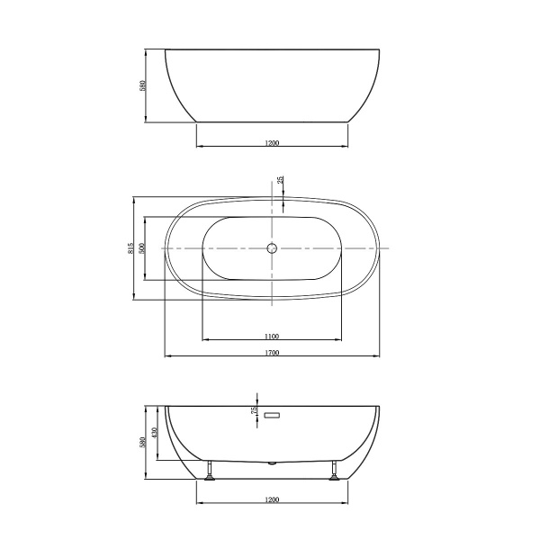 Ванна акриловая Vincea VBT-408-1700MW, 1700*815*580, цвет белый матовый, щелевой перелив
