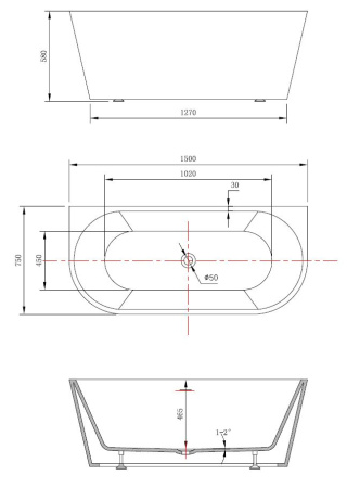 Ванна акриловая Vincea VBT-421-1500, 1500*750*580, цвет белый, щелевой перелив