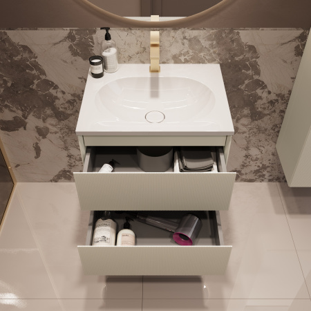 База под раковину Велле (Welle) 600 подвесная, 2 выкатных ящика микролифт, Бежевый матовый софт-тач