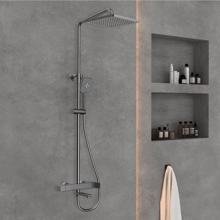 Душевая стойка Куб (Cube) VSFS-1C1GM с изливом, вороненая сталь