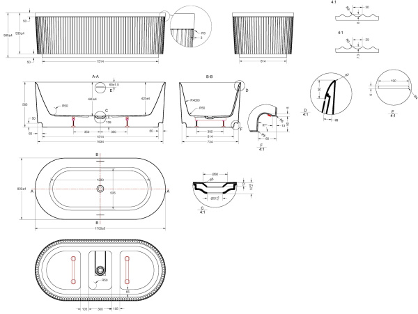 Ванна акриловая Vincea VBT-709-1700, 1700*800*585, цвет белый, щелевой перелив, слив белый