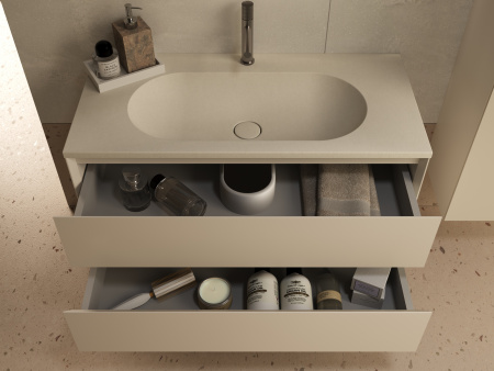 База под раковину Люка Софт-Тач (Luka Soft-Touch) 1000 подвесная, 2 выкатных ящика микролифт, матовый бежевый