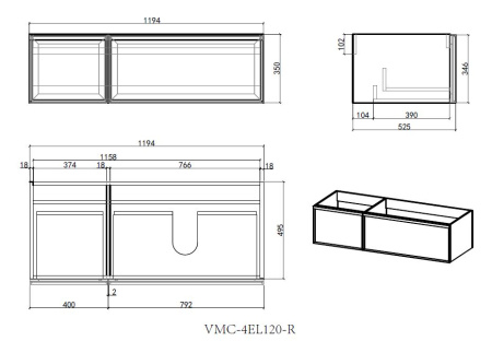База под раковину Элис (Elise) 1200 подвесная, правая, 2 выкатных ящика микролифт, серый матовый