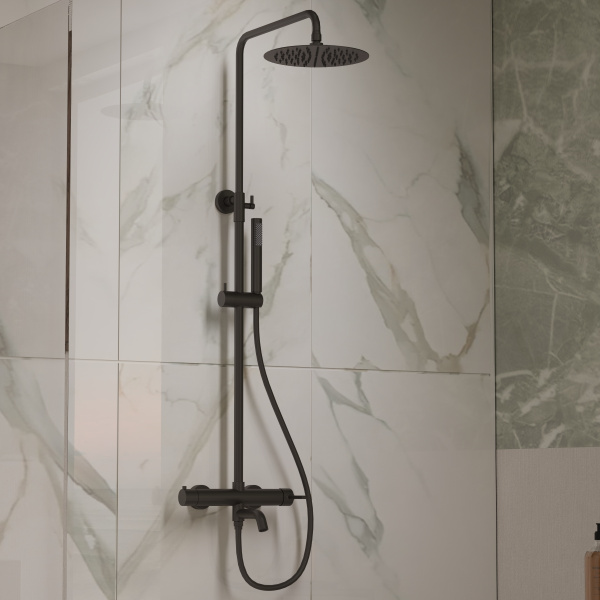 Душевая стойка Villa VSFS-1VL1MB с изливом, 25см верх. душ из нерж. стали, черный