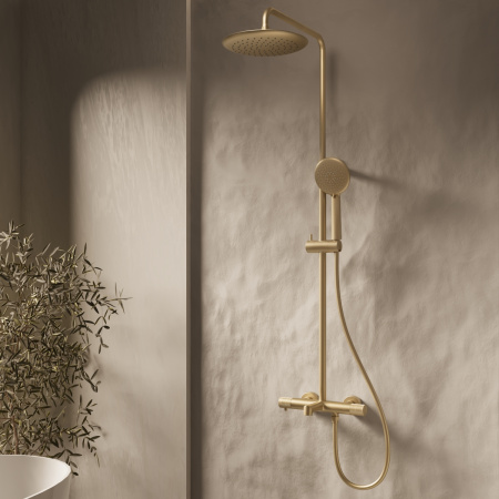 Душевая стойка Дизаер (Desire) VSFS-1D1TBG термостатическая с изливом, 25см верх душ, брашированное золото