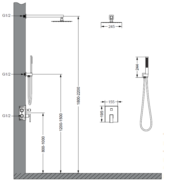Душевой комплект Dice VSFW-2DS1GM встраиваемый, 2 режима, 25см S304 верх душ, вороненая сталь