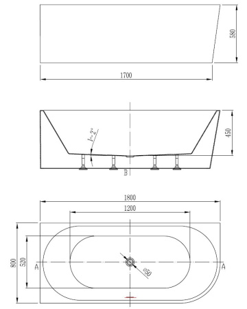 Ванна акриловая Vincea VBT-402-1800L, 1800*800*580, цвет белый, левая, щелевой перелив