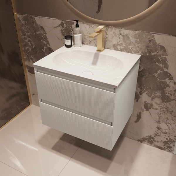 База под раковину Велле (Welle) 600 подвесная, 2 выкатных ящика микролифт, Белый матовый софт-тач