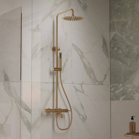 Душевая стойка Вилла (Villa) VSFS-1VL1BG с изливом, 25см верх. душ из нерж. стали, брашированное золото