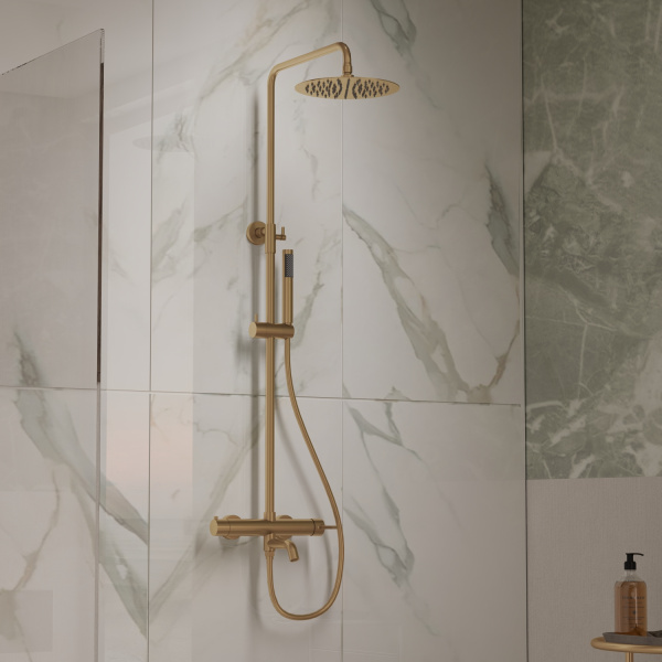 Душевая стойка Вилла (Villa) VSFS-1VL1BG с изливом, 25см верх. душ из нерж. стали, брашированное золото