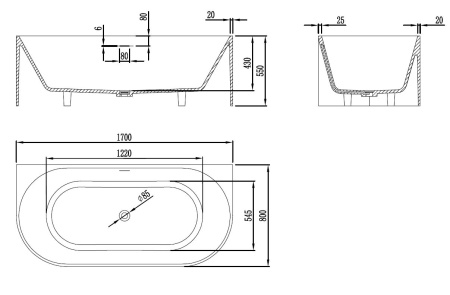 Ванна Солид Серфейс (Solid Surface) Vincea VBT-4S07-1700MW, 1700*800*550, белый матовый, щелевой перелив