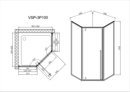 Душевой уголок Пента (Penta) VSP-3P100CLGM, 1000*1000, вороненая сталь, стекло прозрачное