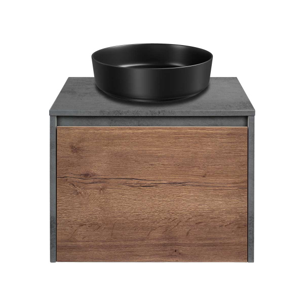 База под накладную раковину Mesa 600 подвесная, 1 выкатной/1 скрытый ящик soft close, T.Oak + Beton