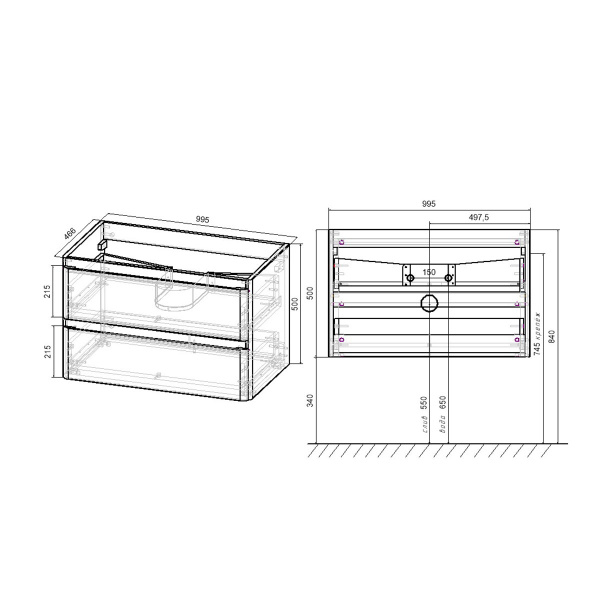 База под раковину Vico 1000 подвесная, 2 выкатных ящика soft close, V.Oak