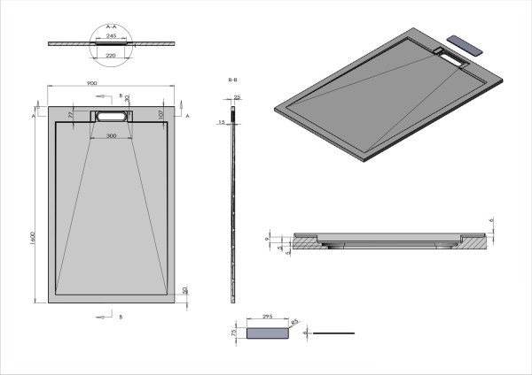 Поддон для душа из искусственного камня VST-4SRL9016A, 1600*900*25, антрацит Поддон для душа из искусственного камня VST-4SRL9016A, 1600*900*25, антрацит
