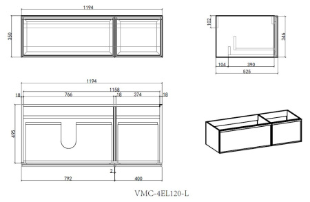 База под раковину Элис (Elise) 1200 подвесная, 2 выкатных ящика микролифт, серый матовый