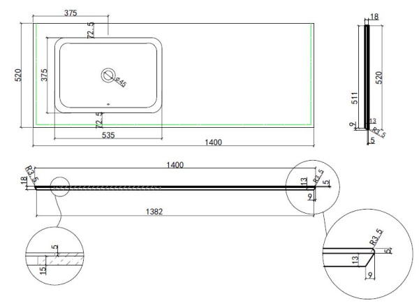 Столешница из натурального мрамора с интегрированной раковиной VWTB-4LX140VB-L, левая,черный Версаче