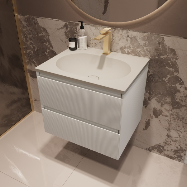 База под раковину Велле (Welle) 600 подвесная, 2 выкатных ящика микролифт, Белый матовый софт-тач