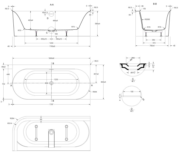 Ванна акриловая Vincea VBT-704-1800-R, 1800*800*585, цвет белый, правая, щелевой перелив, слив белый