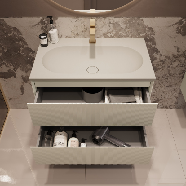 База под раковину Велле (Welle) 800 подвесная, 2 выкатных ящика микролифт, Бежевый матовый софт-тач