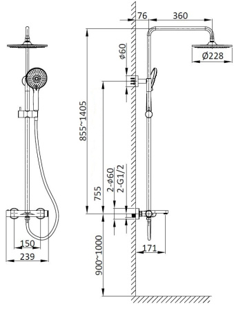 Душевая стойка Рондо (Rondo) VSFS-1R1BG с изливом, брашированное золото