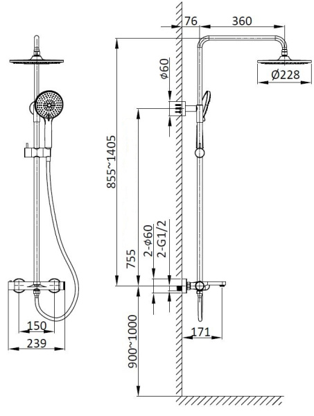 Душевая стойка Rondo VSFS-1R1MB с изливом, черный матовый