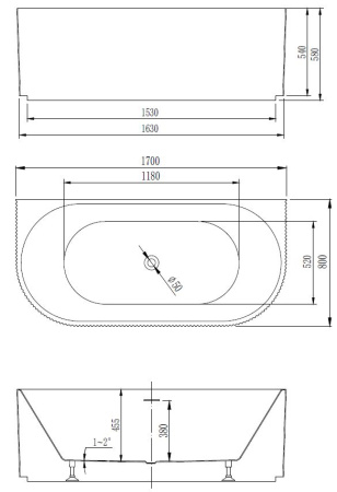 Ванна акриловая Vincea VBT-427-1700, 1700*800*580, цвет белый, щелевой перелив