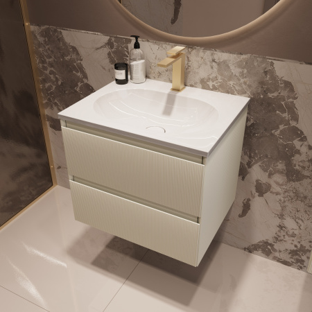 База под раковину Велле (Welle) 600 подвесная, 2 выкатных ящика микролифт, Бежевый матовый софт-тач