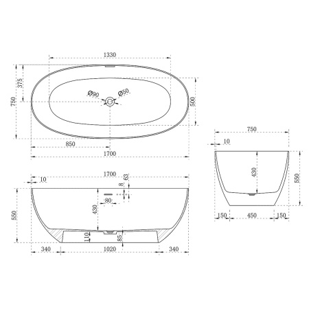 Ванна из искусственного камня Vincea VBT-6S01MW, 1700*750*550, белый мат., слив-перелив в комплекте