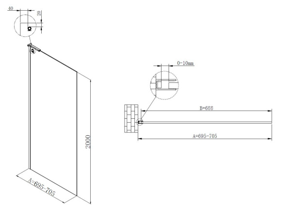 Душевая перегородка Walk-In VSW-7HA700CL, 700*2000, хром, стекло прозрачное