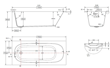 Ванна акриловая Vincea VBT-710-1700, 1700*750*460, цвет белый