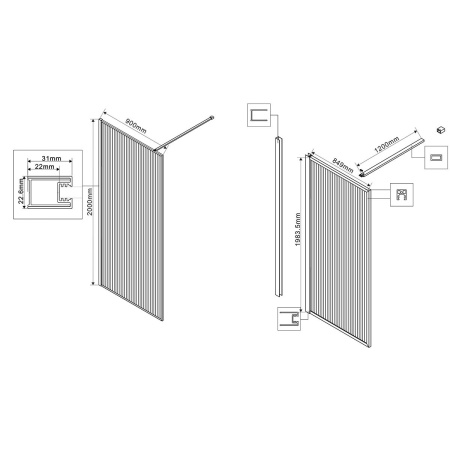 Душевая перегородка Волк-Ин (Walk-In) VSW-1HP900FLB, 900*2000, черный матовый, стекло рифленое