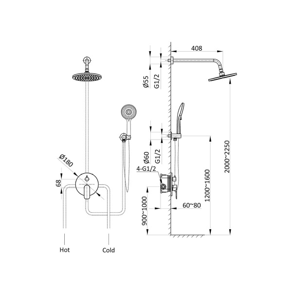 Душевой комплект Esse VSFW-1E1MB, встраиваемый, 2 режима, регулятор давления, черный