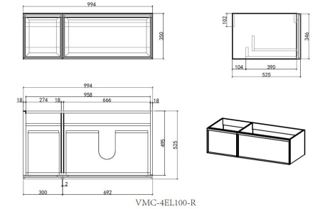 База под раковину Элис (Elise) 1000 подвесная, правая, 2 выкатных ящика микролифт, серый матовый