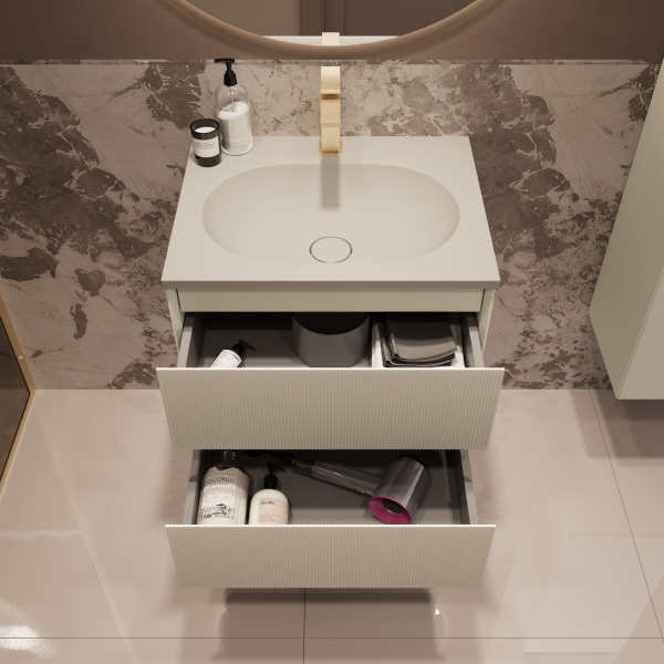 База под раковину Велле (Welle) 600 подвесная, 2 выкатных ящика микролифт, Бежевый матовый софт-тач