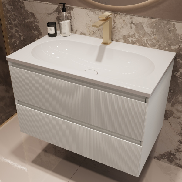 База под раковину Велле (Welle) 800 подвесная, 2 выкатных ящика микролифт, Белый матовый софт-тач