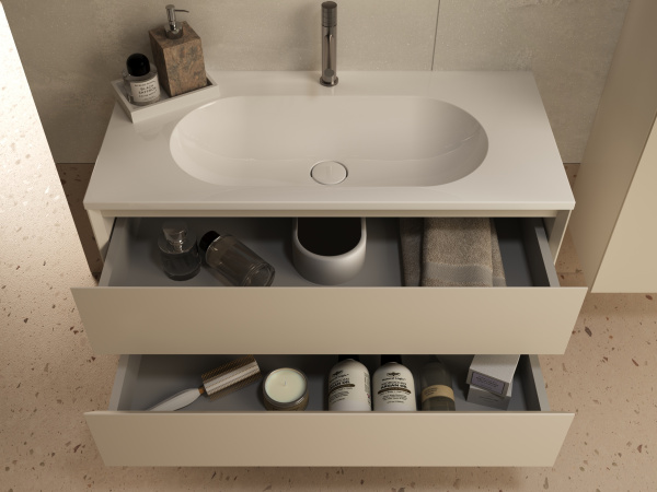 База под раковину Люка Софт-Тач (Luka Soft-Touch) 1000 подвесная, 2 выкатных ящика микролифт, матовый бежевый