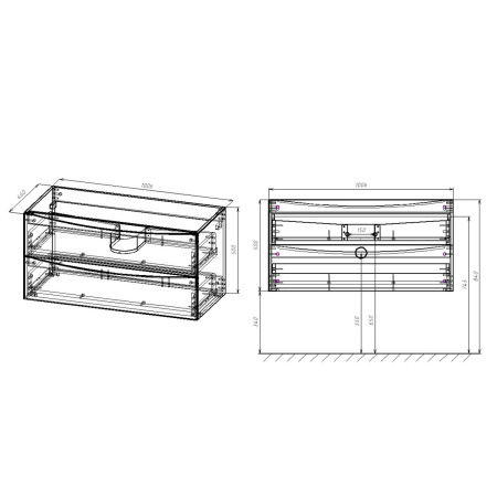 База под керамическую раковину Миа (Mia) 1000 подвесная, 2 выкатных ящика микролифт, Beton