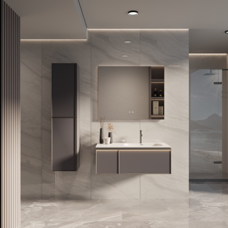 База под раковину Элис (Elise) 1000 подвесная, правая, 2 выкатных ящика микролифт, серый матовый