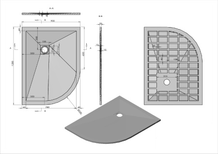 Поддон для душа из искусственного камня  VST-4SQ9012W-R, 1200*900*25, белый матовый, правый