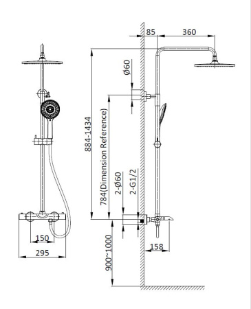 Душевая стойка Эссе (Esse) VSFS-1E1TCH термостатическая с изливом, 25см верх душ, хром