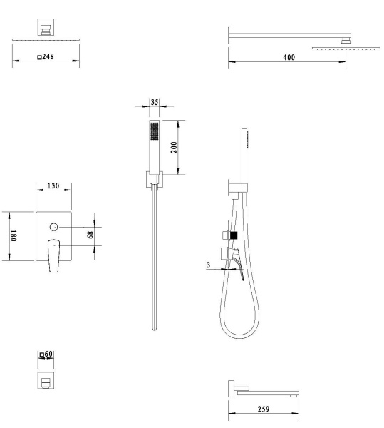 Душевой комплект Puro VSFW-5P1CH встраиваемый, 3 режима, хром