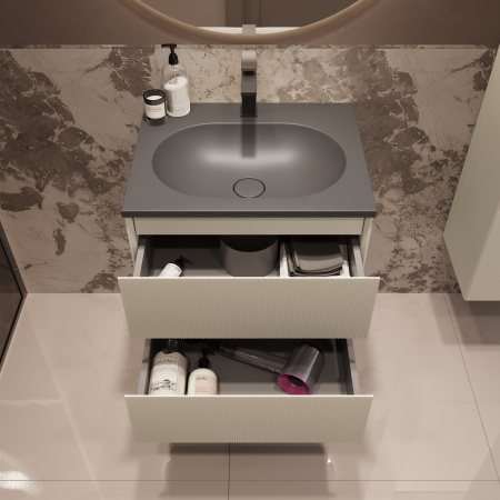 База под раковину Велле (Welle) 600 подвесная, 2 выкатных ящика микролифт, Бежевый матовый софт-тач