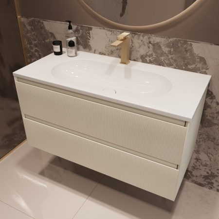 База под раковину Велле (Welle) 1000 подвесная, 2 выкатных ящика микролифт, Бежевый матовый софт-тач