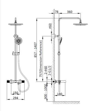 Душевая стойка Дизаер (Desire) VSFS-1D1TBG термостатическая с изливом, 25см верх душ, брашированное золото