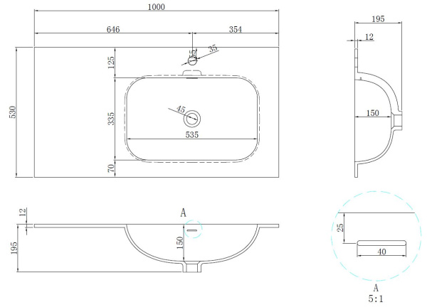 Раковина Elise VCB-4EL100MW-R, Corian правая, цвет белый матовый