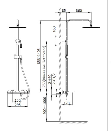Душевая стойка Вог (Vogue) VSFS-1V1TGM термостат с изливом, 25см верх душ из нерж. стали, вороненая сталь