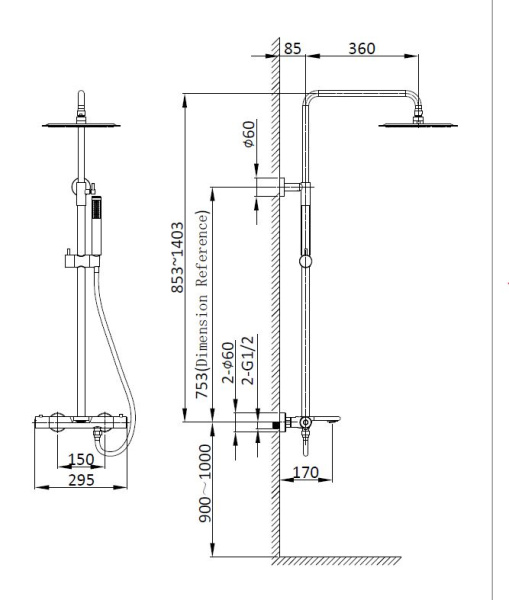Душевая стойка Vogue VSFS-1V1TBG термостат с изливом, 25см верх душ нерж.сталь, брашированное золото