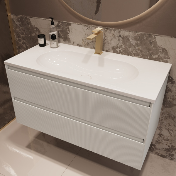 База под раковину Велле (Welle) 1000 подвесная, 2 выкатных ящика микролифт, Белый матовый софт-тач